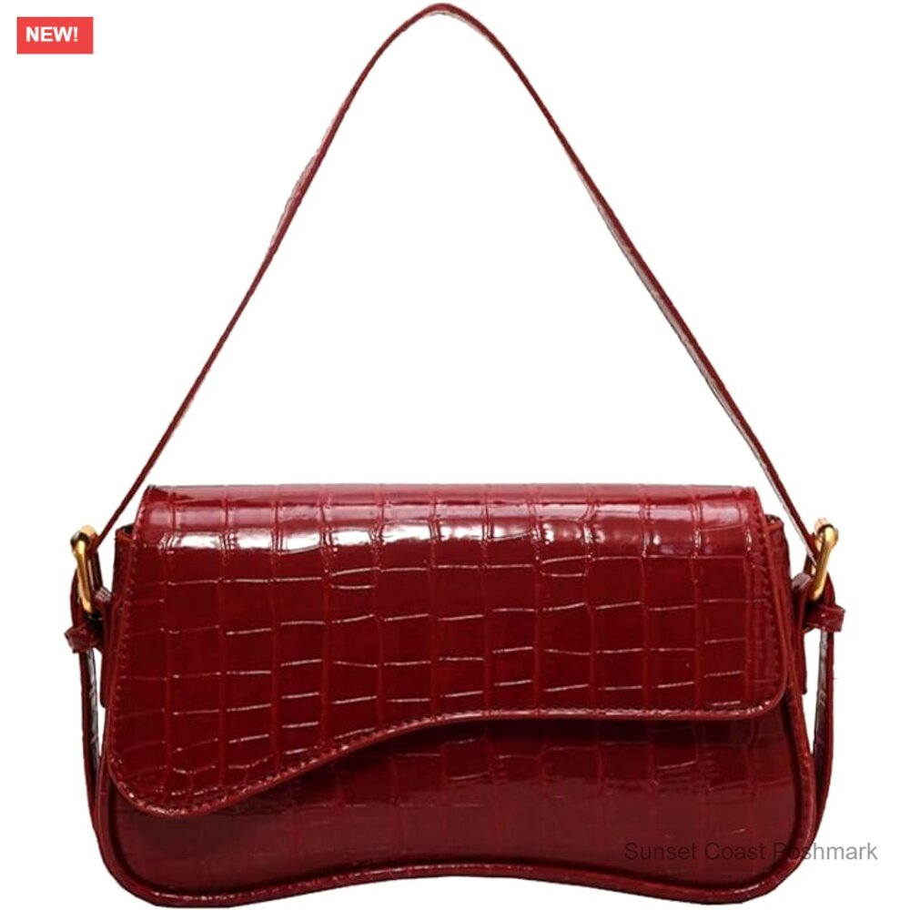 Croc Embossed Faux Leather Shoulder Bag with Removable Straps Zipper Retro